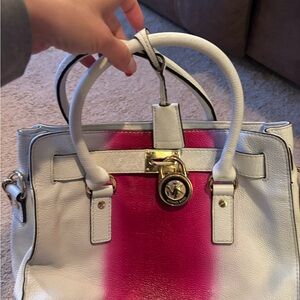 Michael Kors White and Pink Center-Stripe Leather Satchel